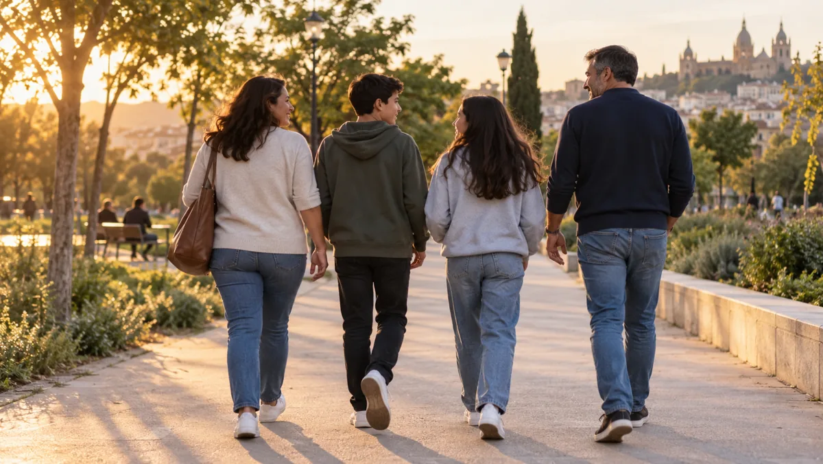 Guías OMS obesidad infantil: familia caminando en un parque