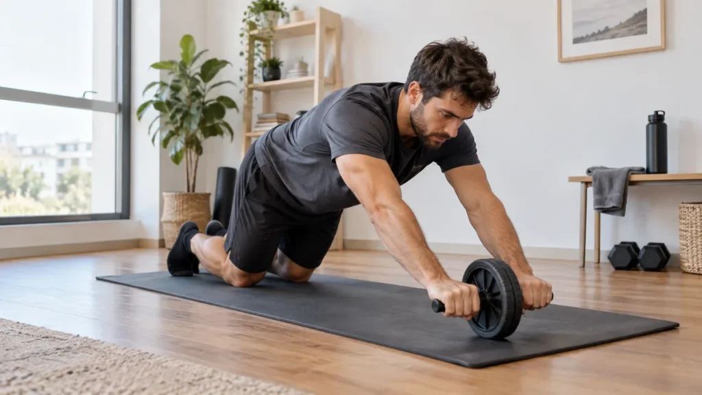 Persona usando rueda abdominal en casa