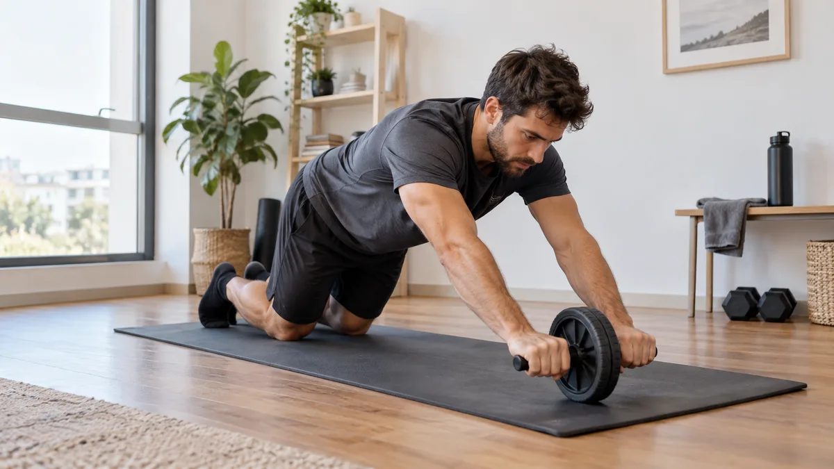 Persona usando rueda abdominal en casa